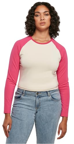Urban Classics Women's Ladies Organic Cropped Retro Baseball Longsleeve T-Shirt, Whitesand/Hibiskus Pink,