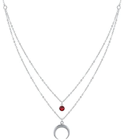 LES POULETTES BIJOUX - Collana Doppia Catena Argento 925 Mezzaluna e Zirconia - Rosso