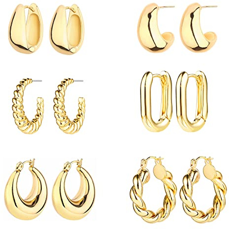 6 Pairs 14K Gold Plated Hoop Earrings for Women Lightweight Chunky Hoop Earrings Multipack Hypoallergenic, Thick Open Twisted Huggie Hoops Earring Set Jewelry for Gifts. (Gold)