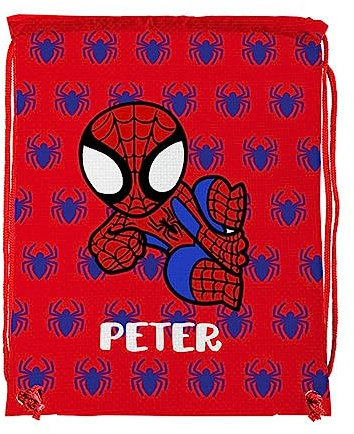 Wanapix | Turnbeutel für Kinder mit Namen | Mini Rucksack personalisiert | Sportbeutel | Kindergarten und Schule | Wasserdicht | 27 x 33 cm | Spider Hero