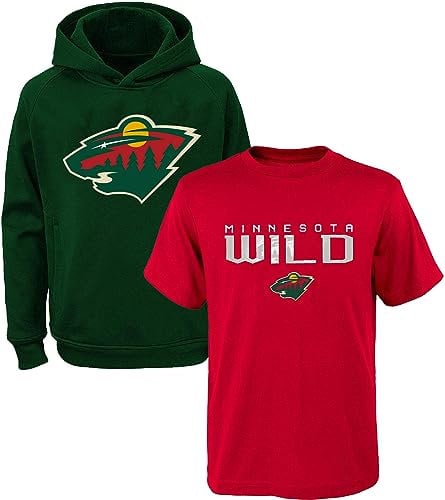 NHL Youth 8-20 Polyester Performance Primary Logo Hoodie & T-Shirt 2 Combo Pack Set, Minnesota Wild Green, 14-16