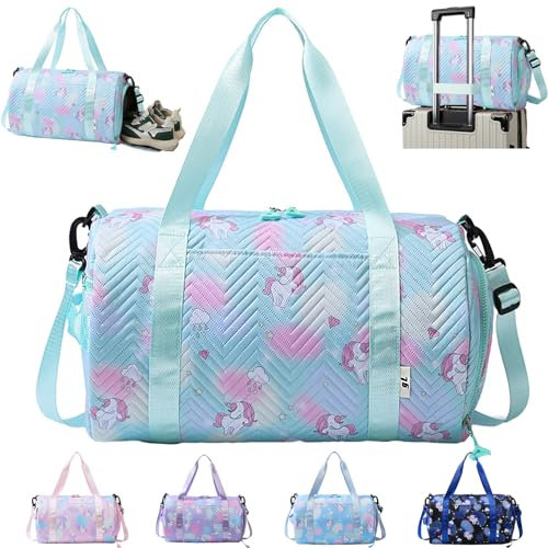 Sac de Sport Fille, 25L Imperméable Sac de Voyage, Licorne Sac Weekend Enfant, Sac Voyage Cabine Avion, Travel Bag pour Gym Sport avec Compartiment à Chaussures et Poche Humide, Vert