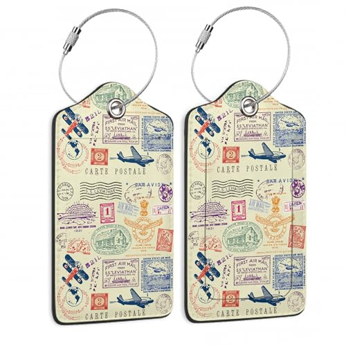 Travel Stamp Luggage Tags for Suitcase,2 Pack Retro Passport Carte Postale Luggage Tag Leather Privacy Cover ID Label with Stainless Steel Loop for Women Men Kids Girls