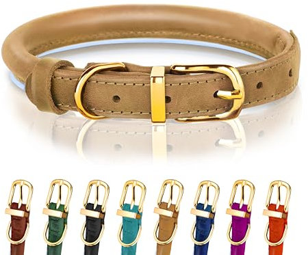 Hundehalsband aus gerolltem Leder - Leder Welpenhalsbänder für kleine Hunde Katzen - Runde Hundehalsbänder für mittelgroße Hunde - Weich Gepolstert (20-28cm, Camel)