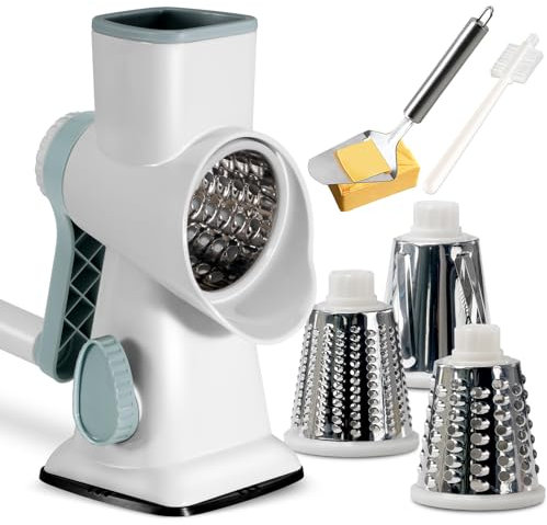 KEOUKE Rotary Cheese Grater with Handle Vegetable Cheese Shredder Slicer Grater for Kitchen 3 Changeable Blades for Cheese Potato Zucchini Nuts Chocolate (White)