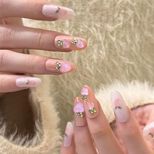 24pcs Medium Length Oval False Nails Pink Peach Gem Stick-on Press-on Glue-on Set for Valentines Day Spring Women Brides Nail Art Accessories
