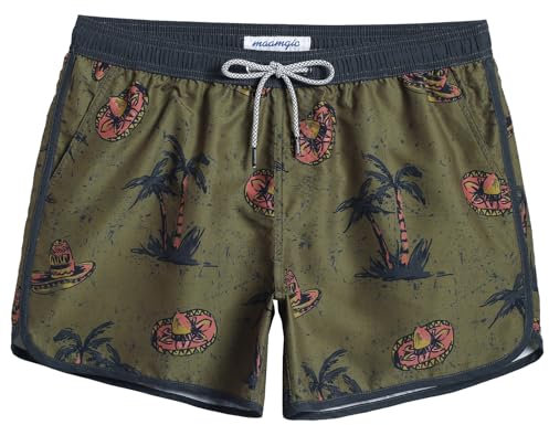 MaaMgic Herren Badeshorts Vintage Retro Boardshorts Schnelltrocknend Kurz Badehose Schwimmhose mit Mesh-Futter und Verstellbarem Tunnelzug,Grün Braun Vintage Hut Palme 4.5,XL