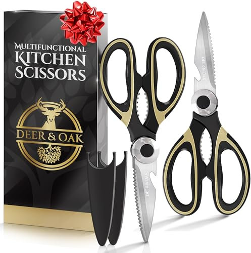 Deer & Oak Premium Heavy-Duty Kitchen Scissors, 2X Meat & Pizza Scissors Multipurpose Dishwasher-Safe Kitchen Shears UK