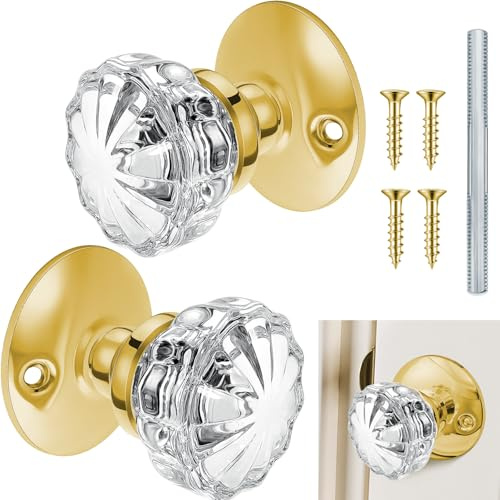 Amylove 1 Set Glass Door Knobs Antique Crystal Door Knobs Vintage Mortise Style Fluted Replacement Kit with 2-1/2 in Satin Brass Privacy for Bedroom Bathroom(Gold)