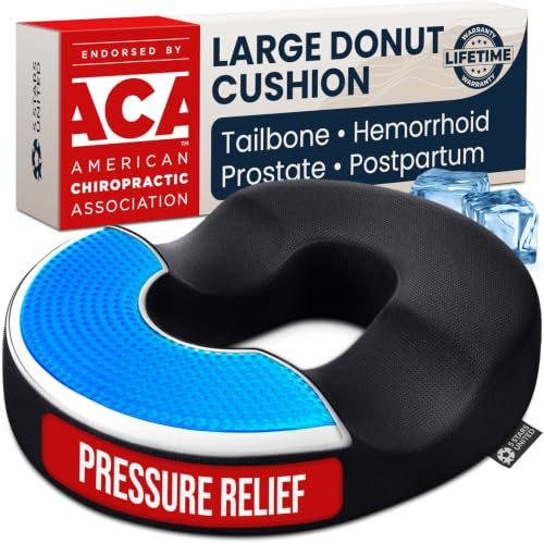 5 STARS UNITED Donut Cushion – Large Memory Foam Pillow with Cooling Gel – Tailbone & Coccyx Support – Hemorrhoid-Friendly Ring Shape – Office Chair, Car, Desk & Wheelchair – Arctic Black