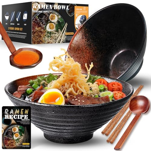 Ramen Schüssel Keramik Set 2×1000ml,34oz Japanisches Porzellan Geschirr mit Gabel Essstäbchen Löffel und Rezepte,Suppenschalen Rührschüsseln für Nudeln Getreide Salate Geschenke für neuen Häusern