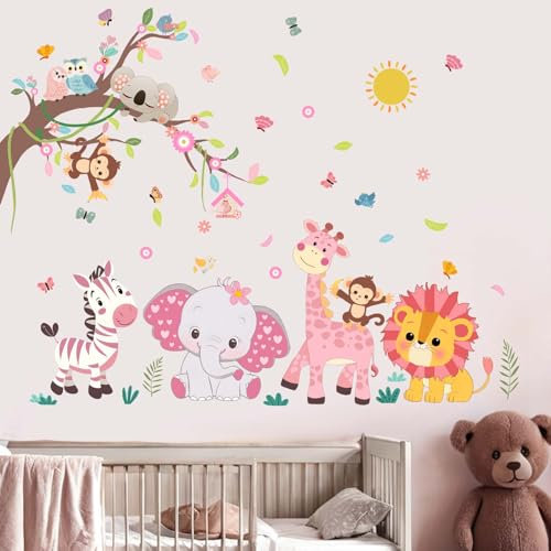 Amimagen Wandtattoos Rosa Wald Baby Tiere Wandabziehbilder - Elefant Löwe Giraffe Affe Zebra Wandaufkleber - Kinderzimmer Kinder Mädchen Jungen Kindertagesstätte Spielzimmer Klassenzimmer Wanddeko