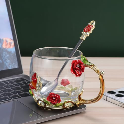 PPEA Glass Coffee Enamels Mug Best Birthday Gifts for Mom Lead-Free Glass Coffee Mugs Tea Cup with Steel Spoon,Gifts for Women Wife Mum Teacher Friends Valentines Christmas Birthday