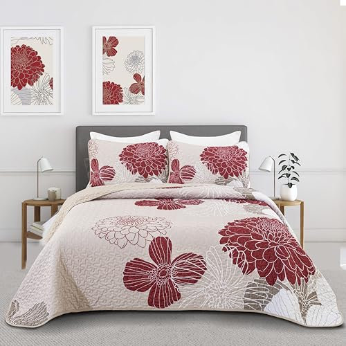 WONGS BEDDING Tagesdecke 220x240 Burgunder Bettüberwurf Weiche Sommerdecke Gesteppte Decke für Doppelbett Mikrofaser Bettdecke mit 2 Kissenbezug 50x75