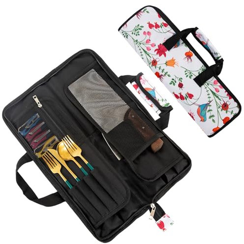 Qchengsan Chef's Knife Roll - The Pioneer Woman Kitchen Accessories Bag, 13 Slots Floral Pattern Case, Multi-function Cutlery Pouch Holder, Wrap Wallet Tool Roll