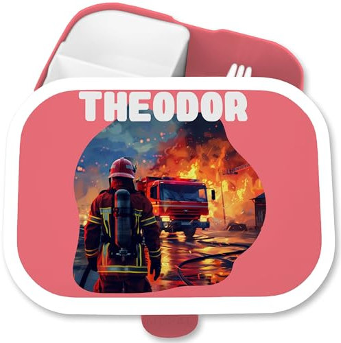Campus Mepal - Feuerwehrmann mit Name | Feuerwehr Brotdose | Feuerwehr Geschenke für Kinder Personalisiert - 750 ml - Rosa - kinderbrotdosen kindergarten feuerwehrauto lunchbox