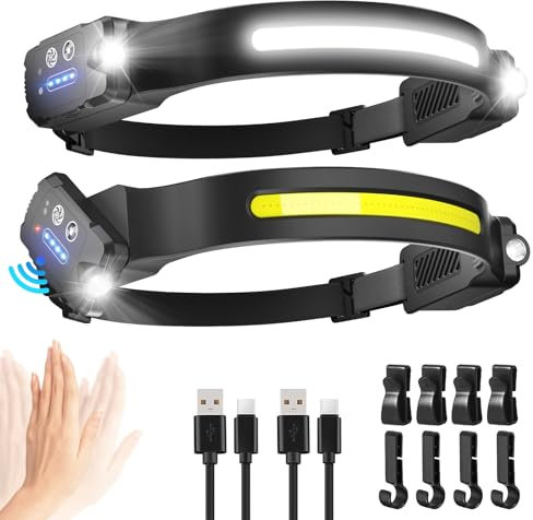 Head Torch Rechargeable, 2 Pack 28H Long Lasting Super Bright Headtorch, 300° Wide Beam & Adjustable Spotlight, 9 Modes With Motion Sensor, Waterproof Lightweight Headlamp for Camping Fishing Running