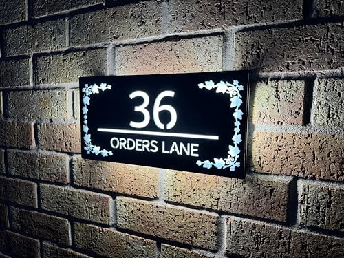One of a kind design UK Personalised 85 LEDs Illuminated House Sign, Laser Cut Modern Hardwired Wall Light with Address Display - Auto ON/OFF Water-Resistant 305x155 MM (Black, DFL-30X15)