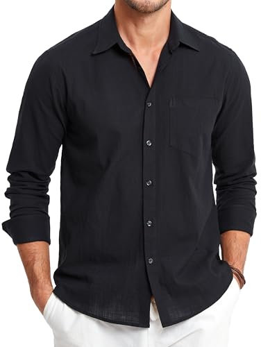 HISDERN Men's Black Linen Shirt Long Sleeve Lightweight Button Up Regular Fit Casual Summer Shirts with Pocket XL