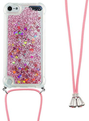 SIYOPINPFY Handykette Hülle für iPod Touch 5 / iPod Touch 7 mit Band, Quicksand Glitzer Flüssigkeit HandyHülle mit Kordel Kette, Silikon Treibsand Stoßfest Hülle für iPod Touch 5/6 Roségold YBG