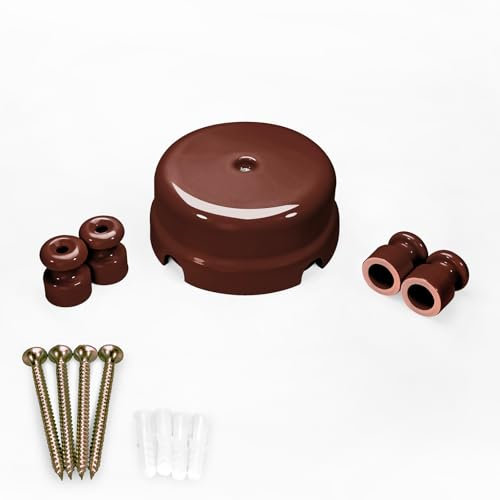 QuirkLz Abzweigdose aus Porzellan, Anschlussdose für 4-Loch-Anlagen, geeignet für Kabel-Eingang/Ausgang, mit 4 Keramikisolatoren, glänzend braune Farbe, Kabelabdeckungen aus Keramik, Ø 78 mm