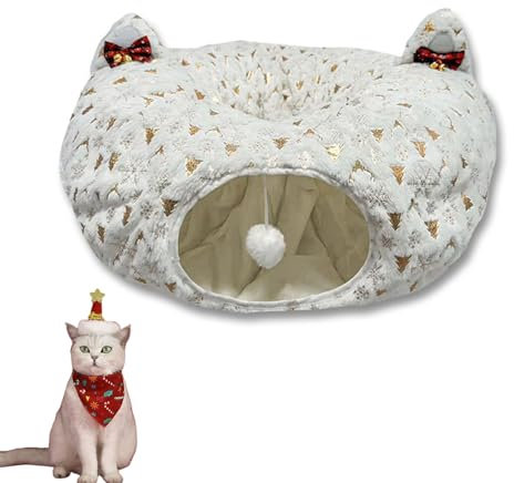 Christmas Tree Cat Tunnel, Katzentunnel für Weihnachtsbaum, Plüsch Katzentunnel Katzenbett, Katzentunnel Rund Mit Schlafplatz, Katzentunnel Große Katzen,Weihnachten Katzenspielzeug (Weiß)