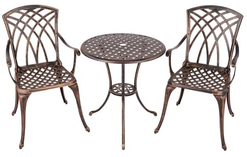 VONLUCE Bistro Table and Chairs Set 2, Aluminium Garden Furniture Set of Side Table and Chairs, Indoor Outdoor Furniture Set for Garden Deck Balcony Patio Decor, Bronze