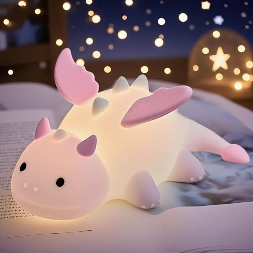 Dragon Nachtlicht, süßes rosa Drachengeschenk, weiche Silikonlampe mit 3-stufigem warmen Licht und RGB-Wechsel, tragbar für Stillen und Kinderzimmer