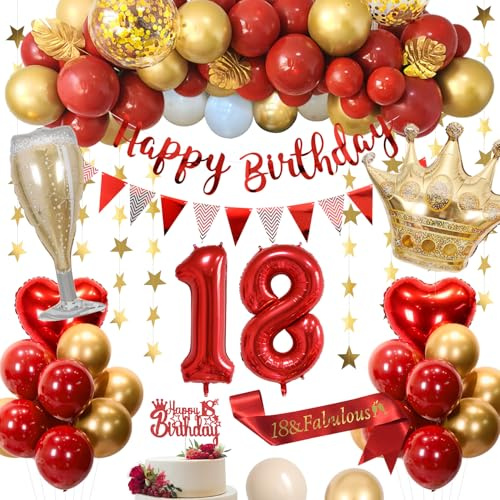 18 Geburtstagsdeko, Rote 18 Geburtstag Deko für Männer Frauen Rot Gold Weiß Luftballons Happy Birthday Banner Nummer 18 Luftballons Kronen Herz Luftballons HAPPY 18th BIRTHDAY Kuchenaufsatz