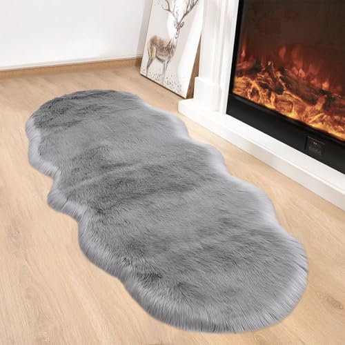 AIMECO kunstfell Teppich Faux Lammfell Schaffell Teppich Flauschiger Haarig Wohnzimmer Deko Weicher Fell Carpet für Stühle Sofa Schlafzimmer Kinderzimmer. Grau 60 x 200 cm