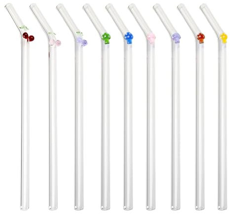 9 Glass Straws, 20cm Reusable, Decorated with 3 Cherries and 6 Mushrooms, Suitable for Making Milkshakes, Smoothies, and Cocktails, Suitable for Families, Parties, cafes, and Restaurants.