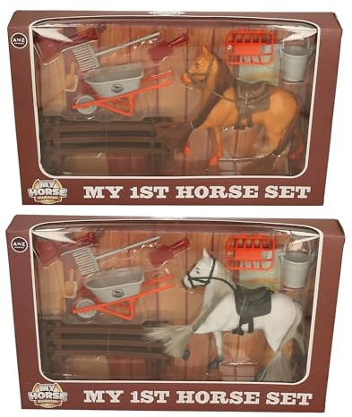 Atoz My First Horse Set with Toy Horse, Wheelbarrow and Stable Accessories, Play Set for Children 3+ Years, Brown
