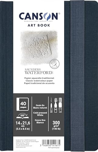 Canson Professional Book, Watercolour Paper, Fine Grain, 300gsm, Stitched Notebook, Hardcover, 5.5 x 8.5 Inches, White, 20 Sheets