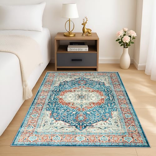 MOONLIGHT20015 Washable Rugs Living Room 80x150 cm - Fluffy Vintage Area Rugs for Bedroom - Non Slip Low Pile Soft Boho Rug Carpets for Lounge - Traditional Large Bedside Rug Easy To Clean, Regal