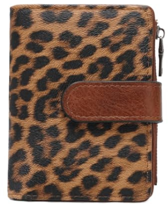 RFID-blockierende Geldbörse Compatible with Damen, dreifach gefaltet, veganes Leder, mit Reißverschluss, Münzfach, Diebstahlschutzverschluss, wasserdicht, schlankes Design(Leopard print)