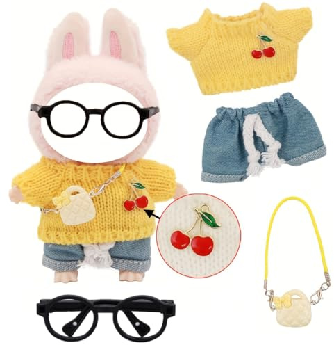 4 Stück Puppe Kleidung für 17cm Puppen, Pullover Kirsche Pink Puppe Outfit Zubehör enthalten 1 Kleidung 1 Jeans 1 Gläser 1 Tasche, Keine Puppe (Gelb)