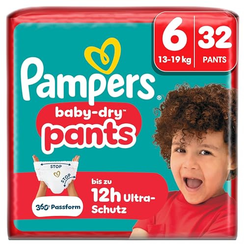 Pampers Baby-Dry Pants Größe 6, 32 Windeln, 13kg-19kg | 360° auslaufsichere Passform für Tag und Nacht