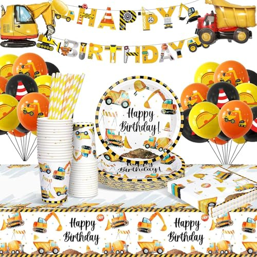 Construction Digger Party Supplies Tableware Set, Digger Birthday Party Decorations, Excavator Balloons, Paper Plates, Cups, Napkins, Tablecloth, Straws for Kids, Construction Enthusiasts