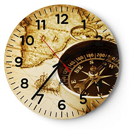 Modern Wanduhr Kompass alt Reisen Reise 40x40cm Rund Groß Wand Uhr Glas Analog Zimmeruhren Küche Büro Wohnzimmer Glasuhr Wall Clock Dekoration Design Wanddekoration Küchenuhr C4AR40x40-2103