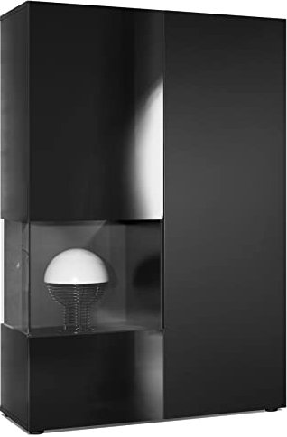 Vladon Vitrine Kommode Hochschrank Morena, Made in Germany, Korpus in Schwarz matt/Rechte Tür und der Einsatz in Schwarz Matt