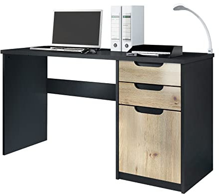 Vladon Schreibtisch Logan, Made in Germany, Bürotisch mit 2 Schubladen und 1 Tür, Schwarz matt/Eiche Nordic (129 x 76 x 60 cm)