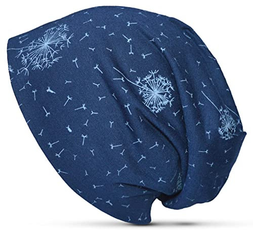 thb Richter Mütze Slouch Beanie Longbeanie Cap mit Pusteblumen Blumen Dandelion Jersey Blowball Weich Leicht Stretch für Damen/Herren/Junge/Mädchen Print Aufdruck (Navy)