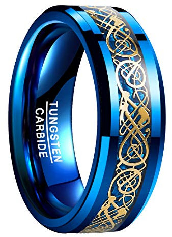 NUNCAD 8mm Anello Drago Celtico Oro + Fibra di Carbonio Blu Uomo/Donna, Anello Tungsteno Unisex per Quotidiano Matrimonio Regalo Taglia 18.25