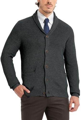 Kallspin Herren Wollschal-Kragen Strickjacke mit Knöpfen und Taschen(Dunkelgrau, L)