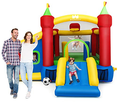 RELAX4LIFE Hüpfburg Kinder, Spielburg mit Rutsche, Springburg mit Sicherheitsnetz, Trampolin Rutsche, Kinder Spielhaus, Ritterburg aufblasbar, Hüpfschloss, 380 x 305 x 215 cm, Bunt