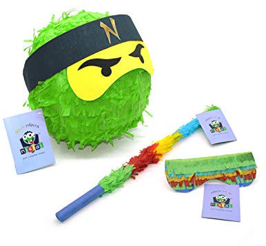 Nislai® Ensemble Ninja Piñata | idéal pour la fête Ninja | Cadeau d'anniversaire | Pinata d'anniversaire | bâton et Un Masque | Couleur au Choix: Vert, Noir, Bleu, Rouge (Vert)