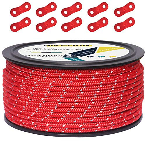 50M Reflective Cord Guy Ropes Outdoor Tent Guide Rope 100% Nylon Cord Wind Line with 10Pcs Aluminum alloy tensioners for Camping (red, Diameter 5 mm)