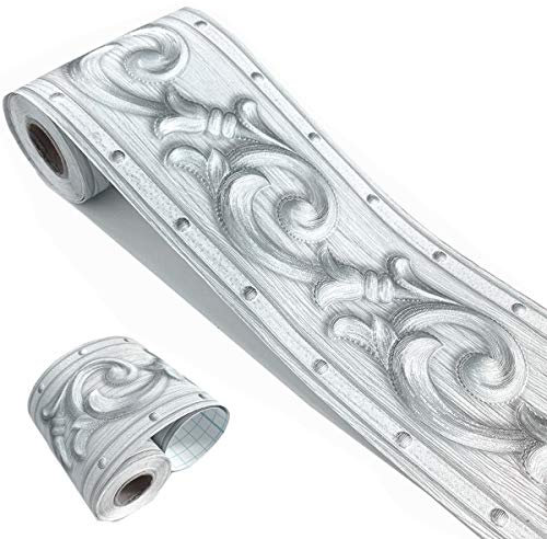 Mesoar Elegant 3D Silver Grey Wallpaper Border Wall Peel Stick Molding Border Home Ceiling Sticker for Bathroom Living Room Kitchen Wall 10cm by 16.4ft