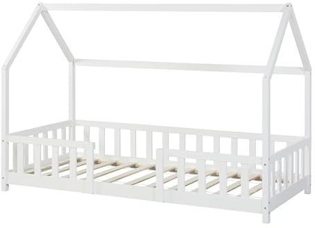 [en.casa] Kinderbett Sisimiut mit Matratze 90 x 200 cm Hausbett Montessori mit Rausfallschutz Holzbett für Kinder Bodenbett Lattenrost Kiefernholz Weiß