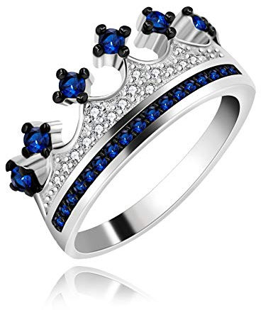 Uloveido Platin Plated Dunkelblau Cubic Zirkonia Prinzessin Krone Tiara Hochzeit Cz Band Eternity Ring für Frauen Damen Mädchen